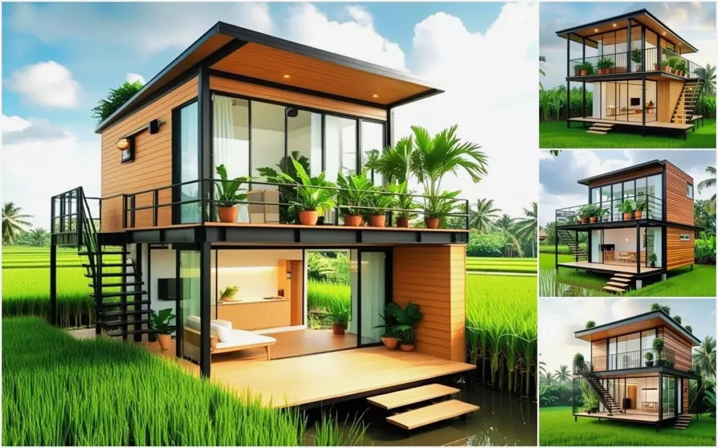 Steel Frame 2 Floor Wooden House Models