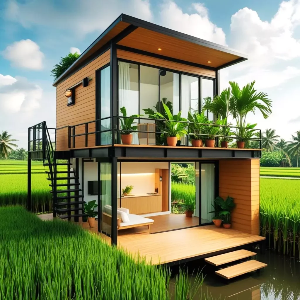 Steel Frame 2 Floor Wooden House Models