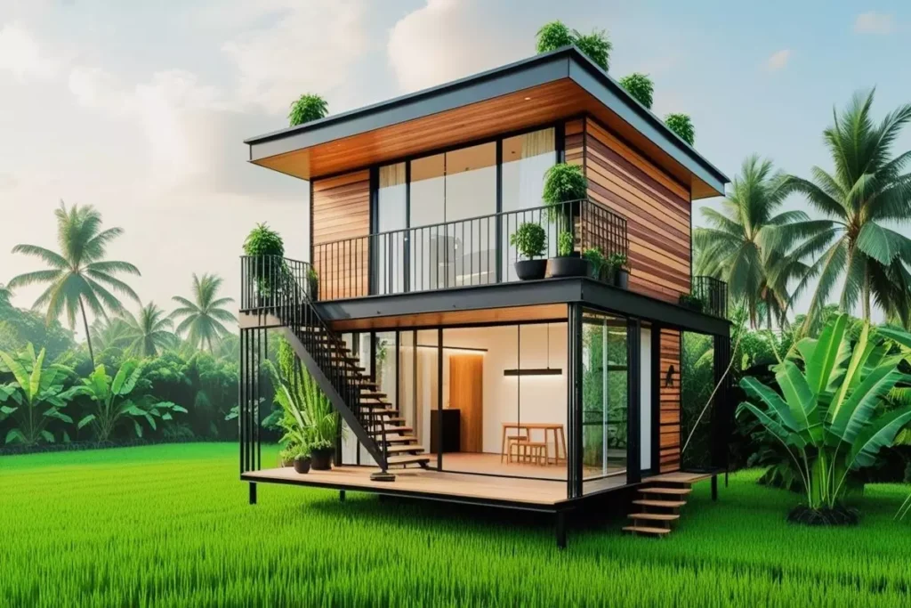 Steel Frame 2 Floor Wooden House Models